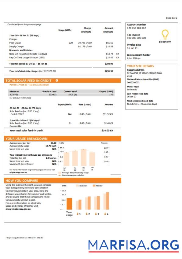 Downloadable Australia New South Wales (NSW) Origin electricity utility bill template in Word and PDF format 3